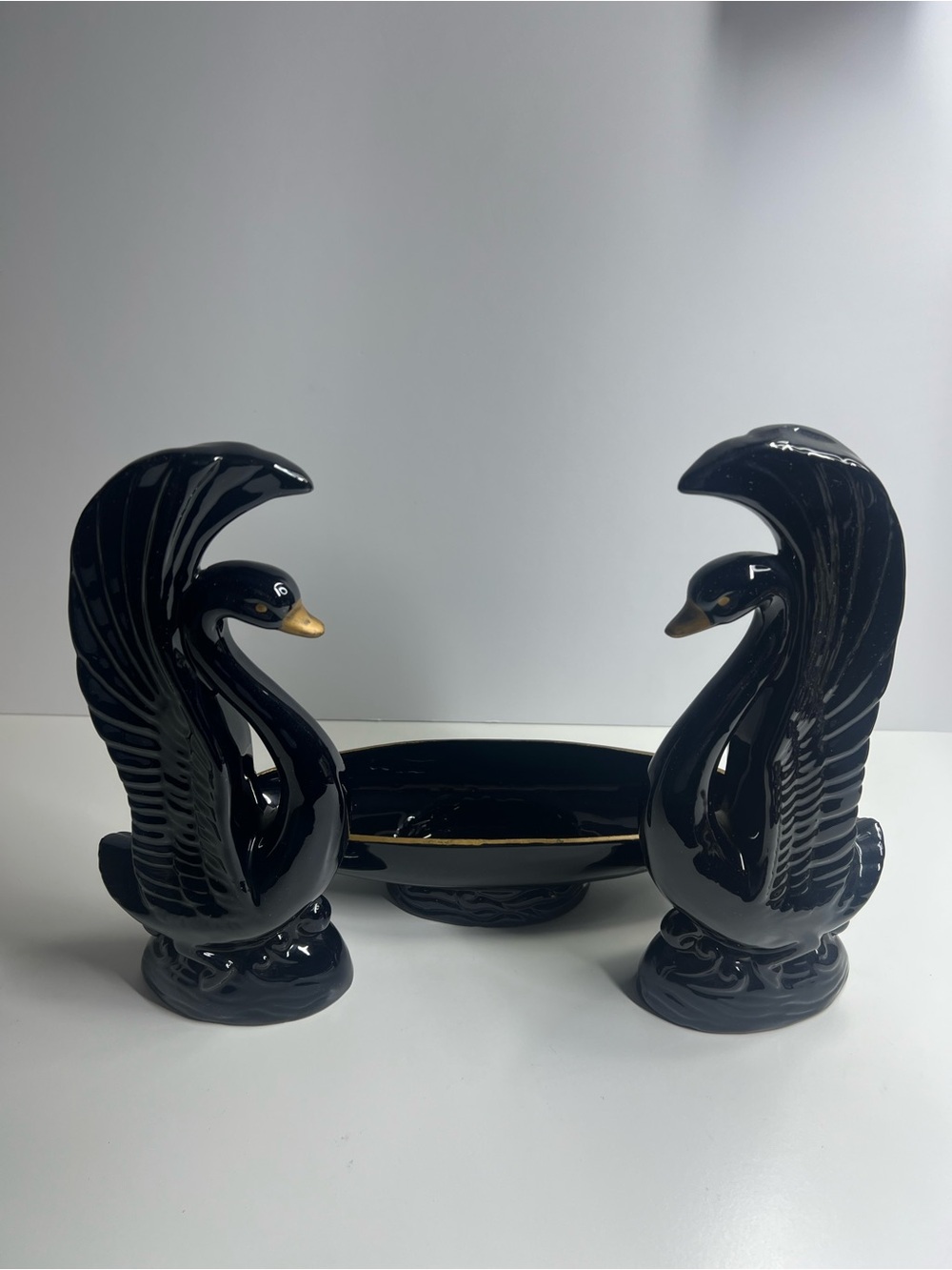 Black Ceramic Swan Figurine Pair with Gold Beak Accent